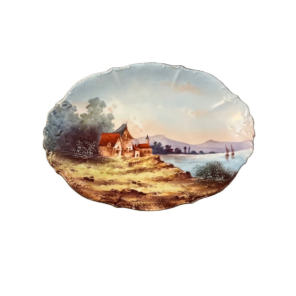 Elite Limoges France Hand Painted Cottage On Water At Sunset Gold Rim Oval
